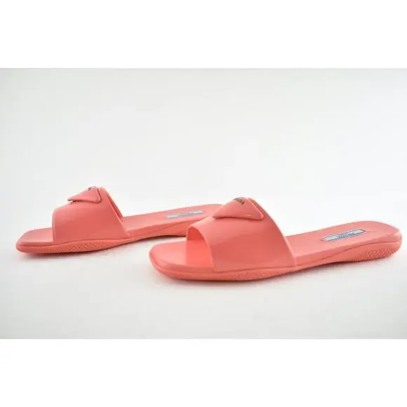 Prada Corallo Red Rubber Leather Triangle Logo Slide Sandal Flip Flop Flat 38.5 - Picture 10 of 12